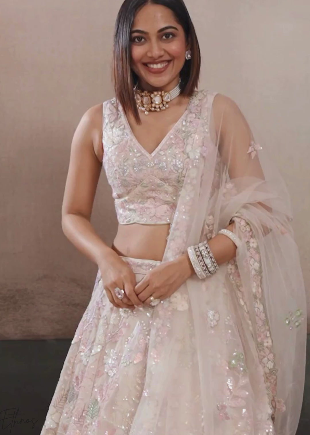 Cream Pastel Floral Embroidered Net Lehenga