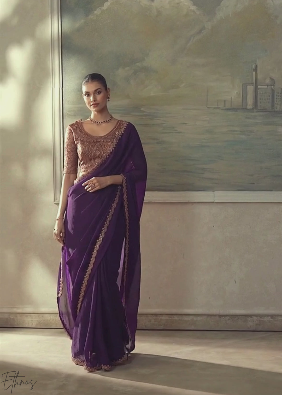 Royal Purple Ruffle Border Georgette Saree