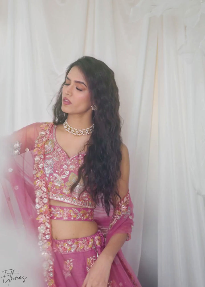 Blush Fuchsia Gilded Bouquet Organza Lehenga
