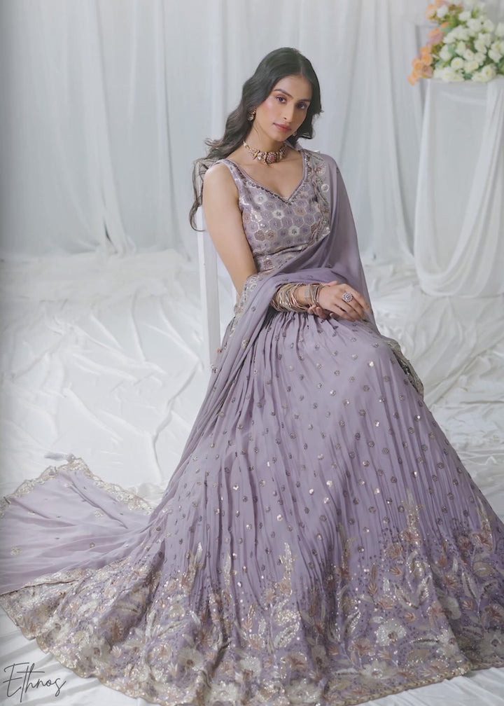Muted Amethyst Whispering Vine Poly Georgette Lehenga