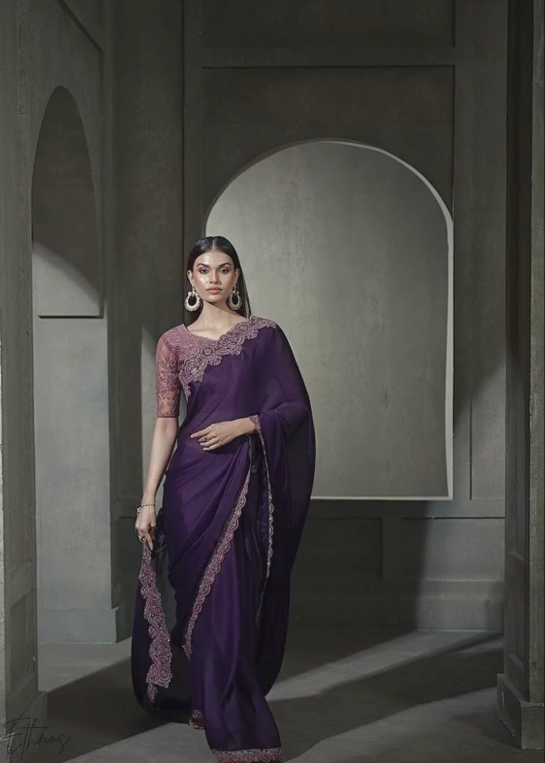Deep Violet Swirl Floral Embroidered Satin Silk Chiffon Saree