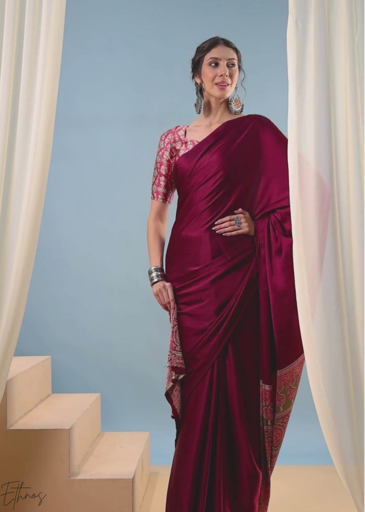 Rubellite Modal Silk Ajrakh Border Saree