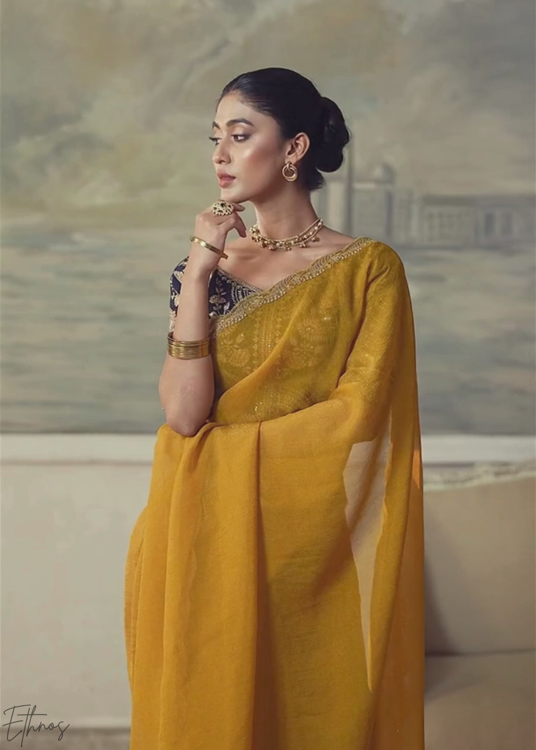 Olive Gold Ruffle Border Georgette Saree