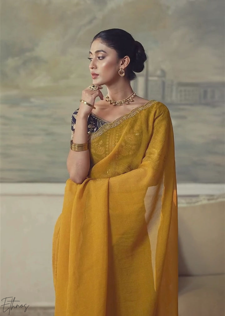 Olive Gold Ruffle Border Georgette Saree