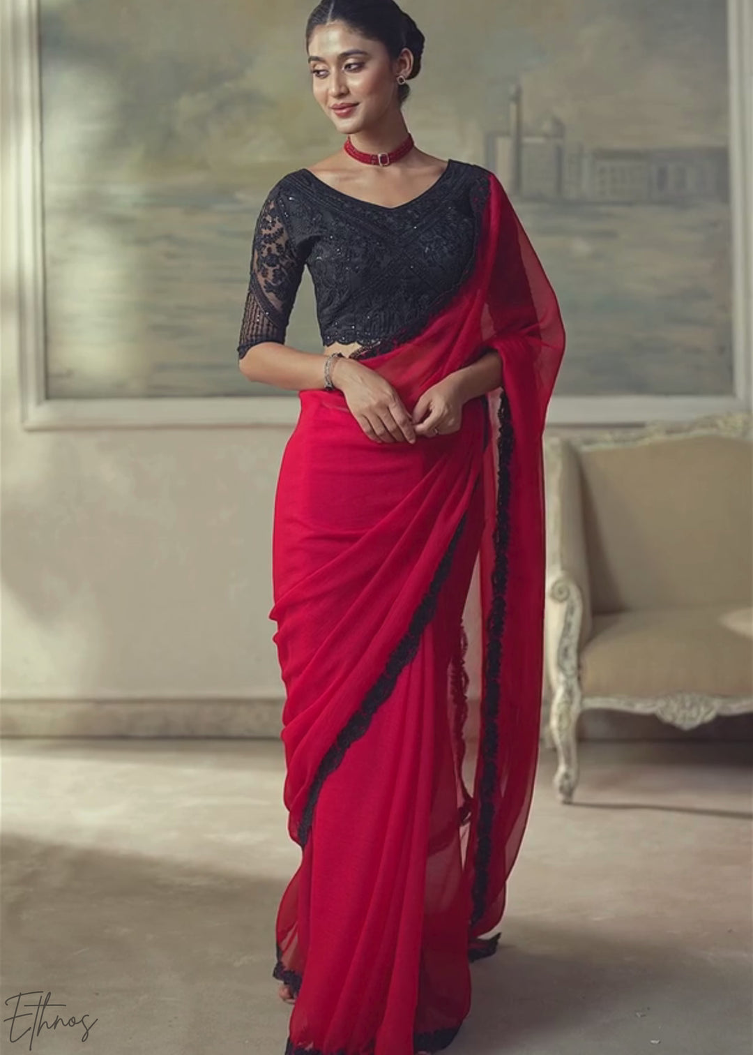 Crimson Red Ruffle Border Chiffon Saree