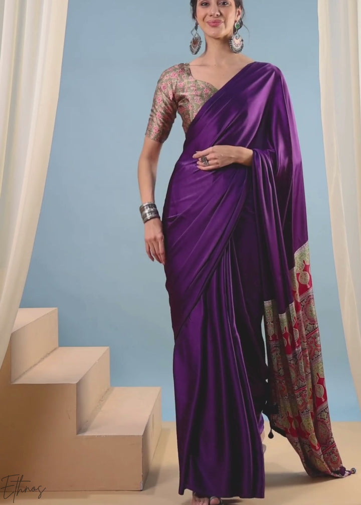 Amethyst Modal Silk Ajrakh Border Saree