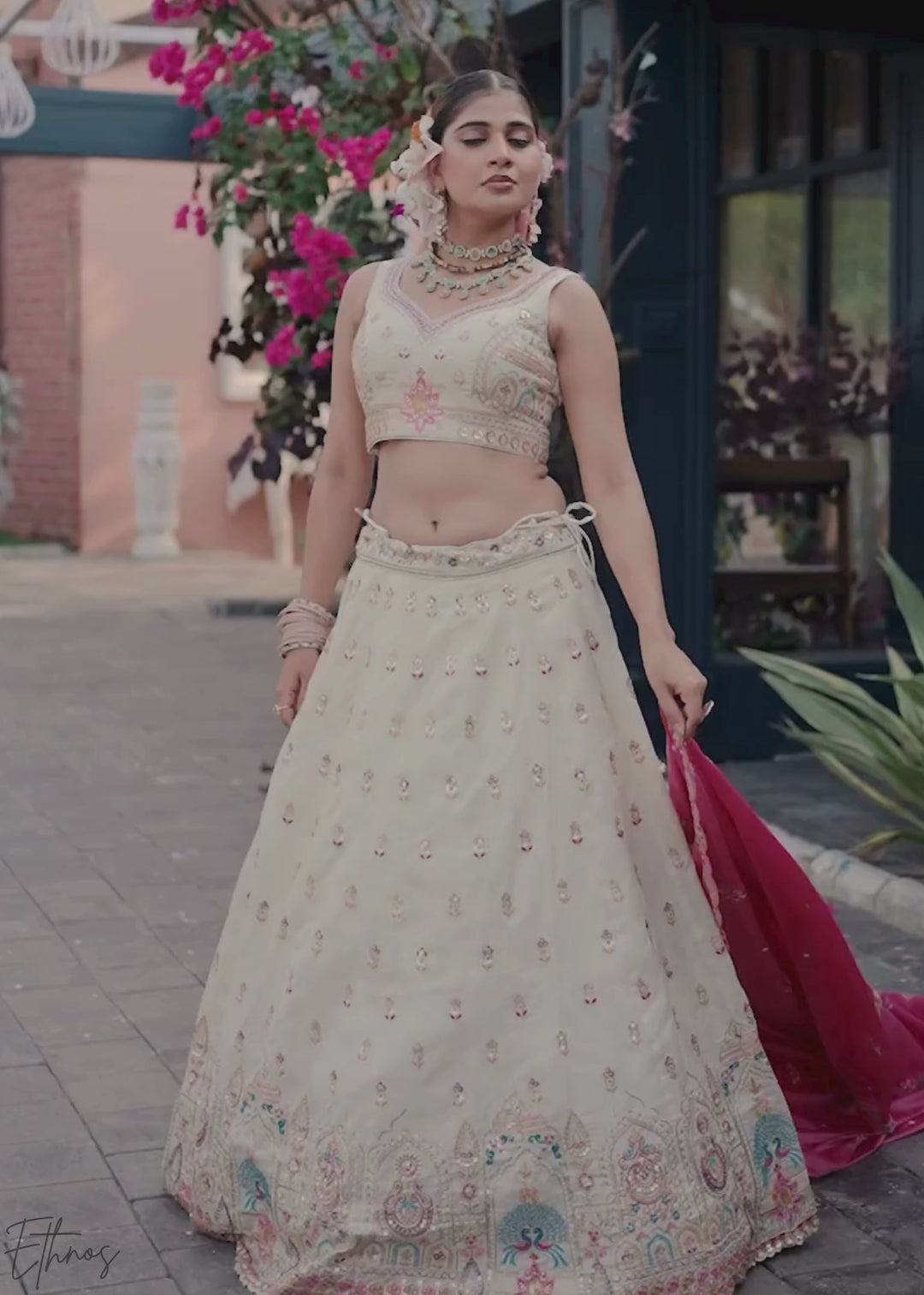 Cream and Pink Peacock Embroidered Tissue Lehenga Choli