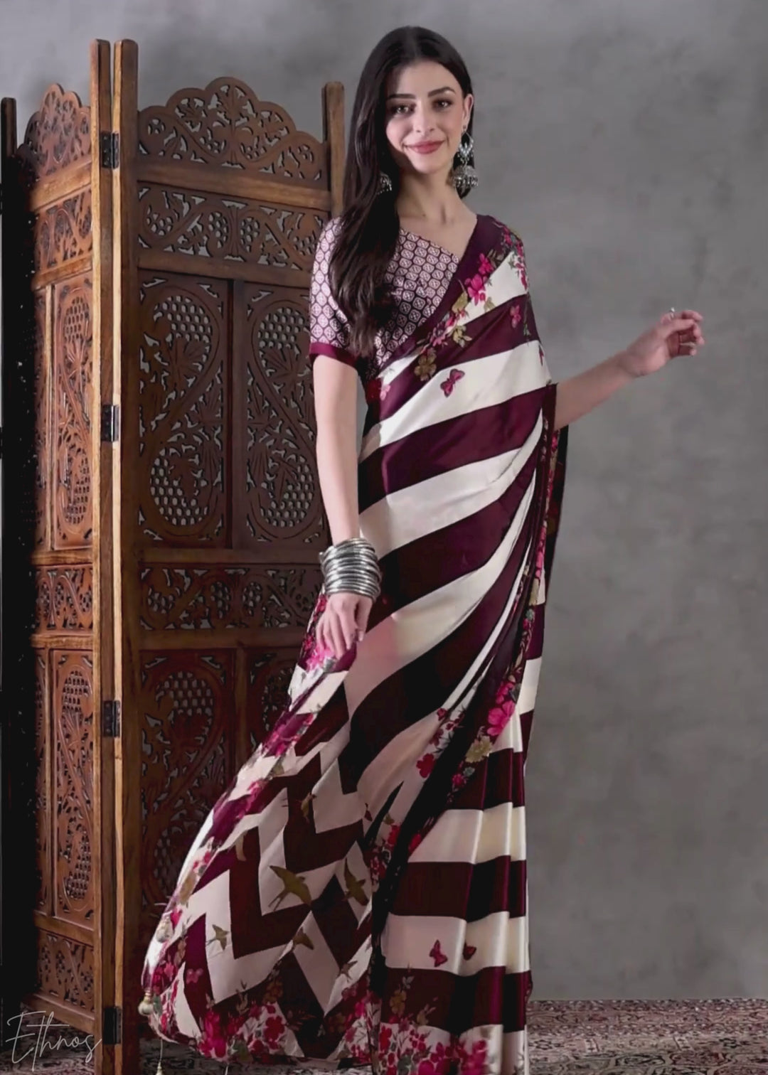 Wine Floral Striped Modal Silk Saree