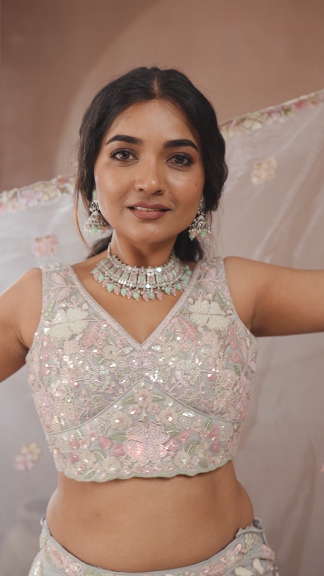 Grey Pastel Floral Embroidered Net Lehenga