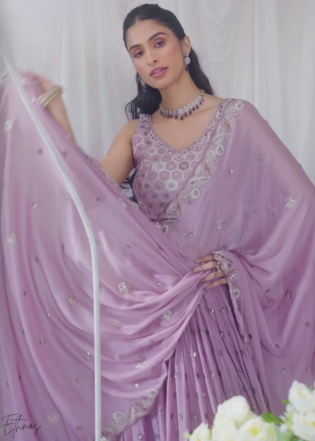 Orchid Lavender Whispering Vine Poly Georgette Lehenga