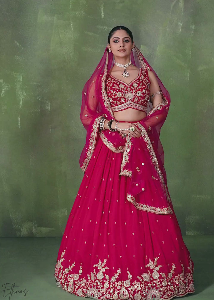 Crimson Red Floral Zari Embroidered Georgette Lehenga Choli
