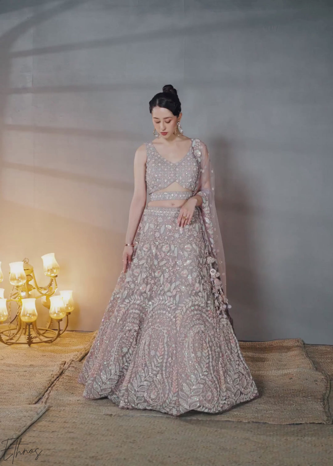Soft Lavender Gilded Bouquet Net Lehenga