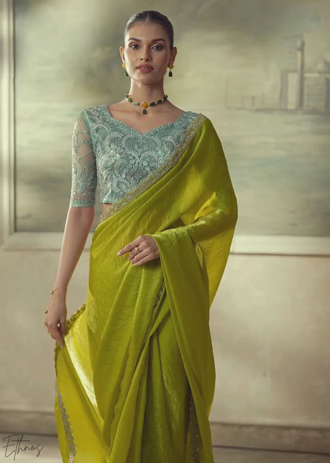 Lime Green Ruffle Border Satin Silk Saree