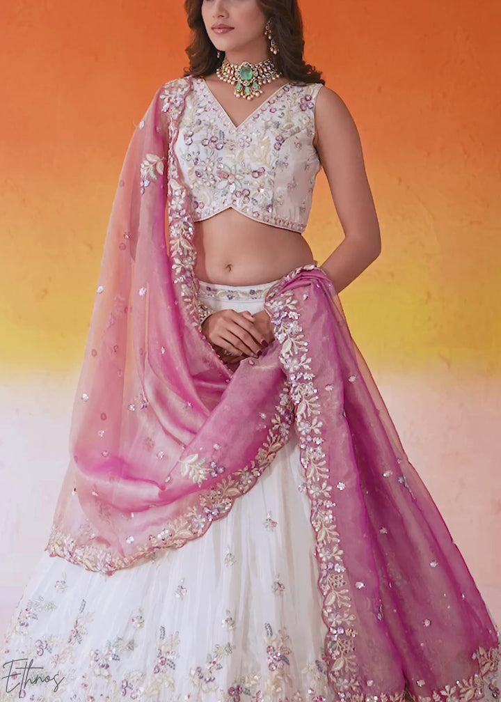 Ivory White and Pink Peacock Embroidered Tissue Lehenga