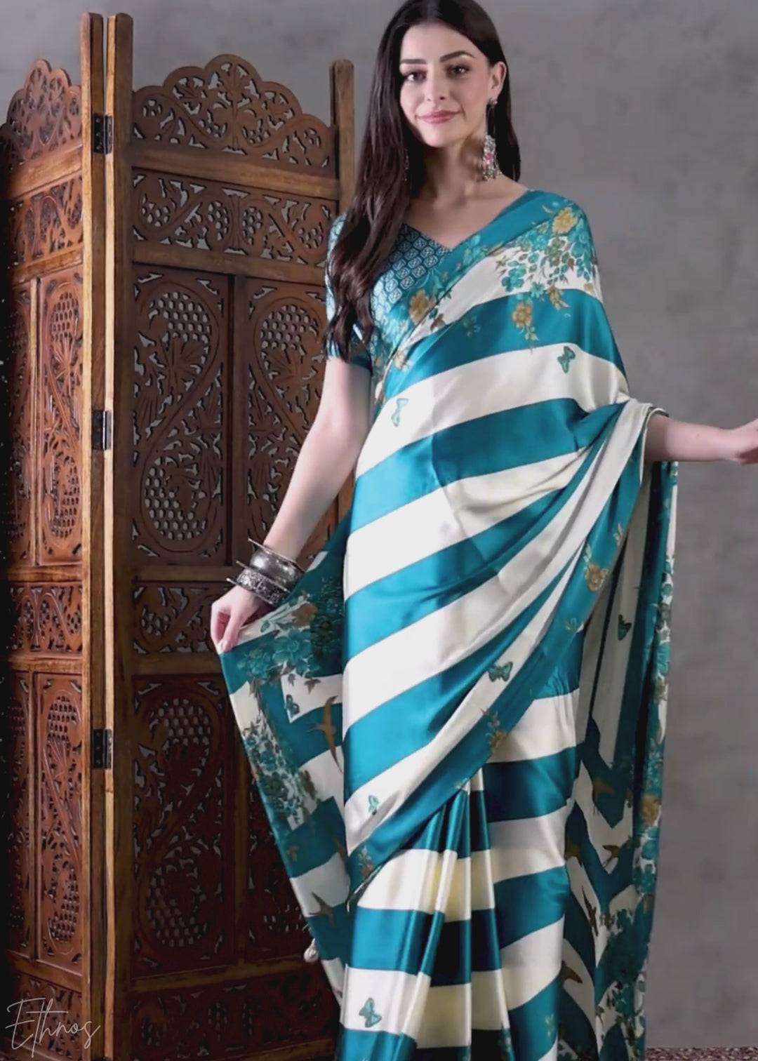 Teal Floral Striped Modal Silk Saree