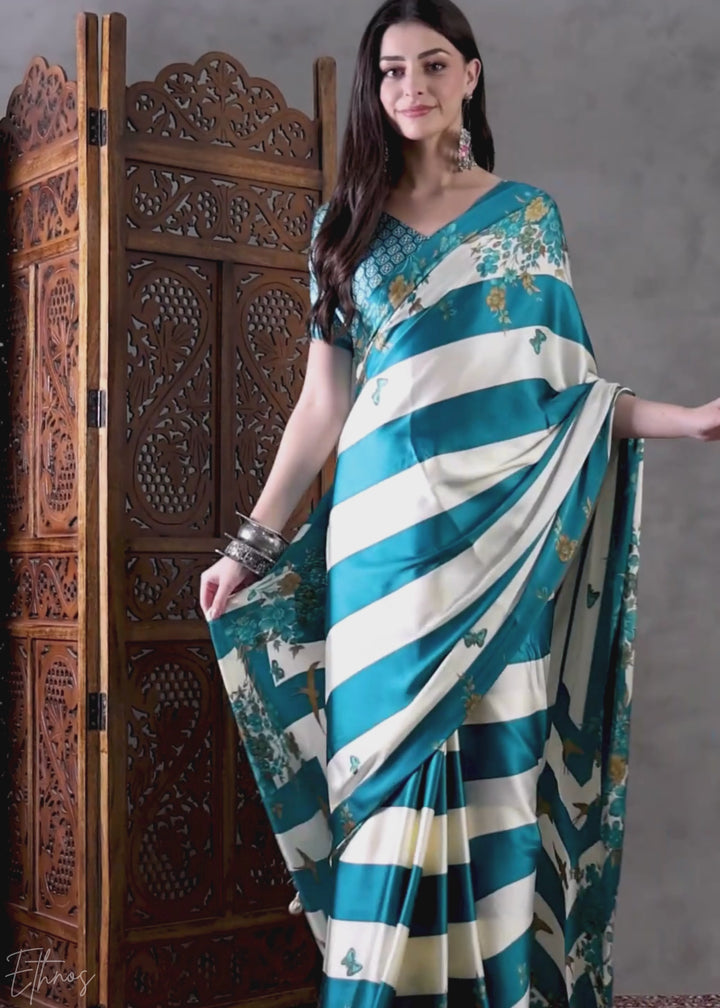 Teal Floral Striped Modal Silk Saree