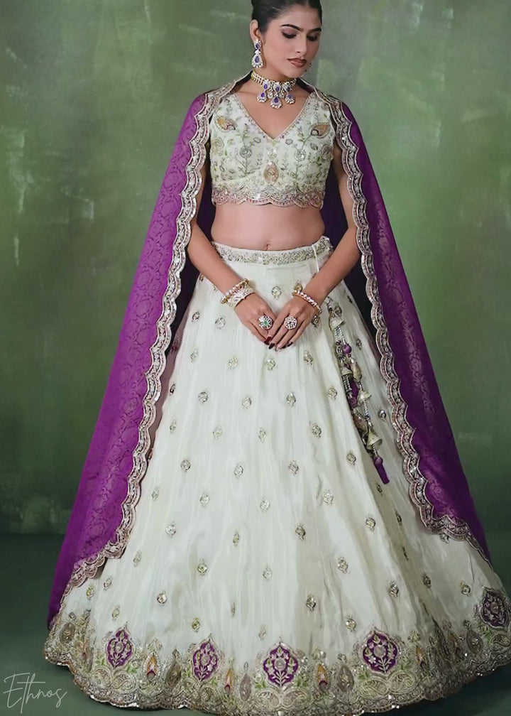 Ivory and Purple Floral Sequins Tissue Lehenga Choli
