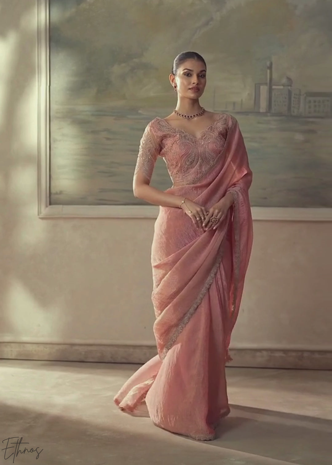 Blossom Pink Ruffle Border Tissue Saree