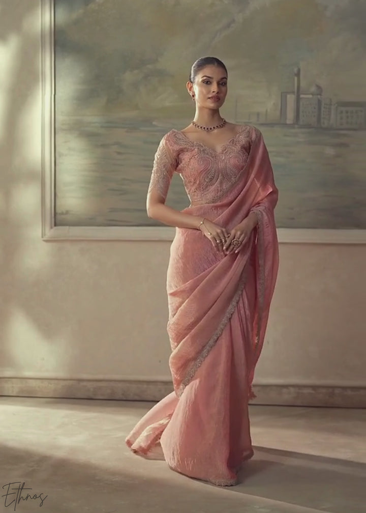 Blossom Pink Ruffle Border Tissue Saree