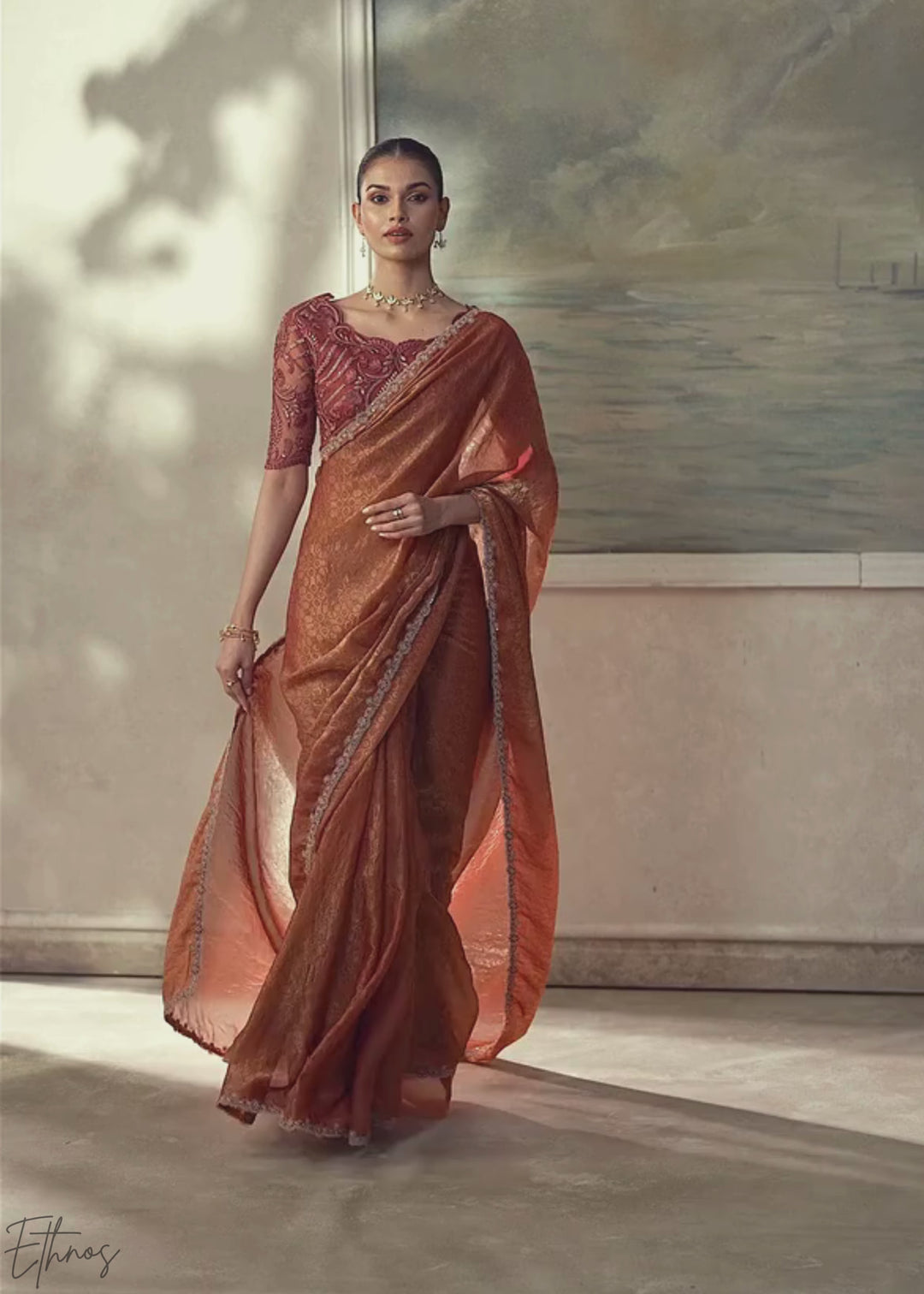 Rust Peach Ruffle Border Georgette Saree