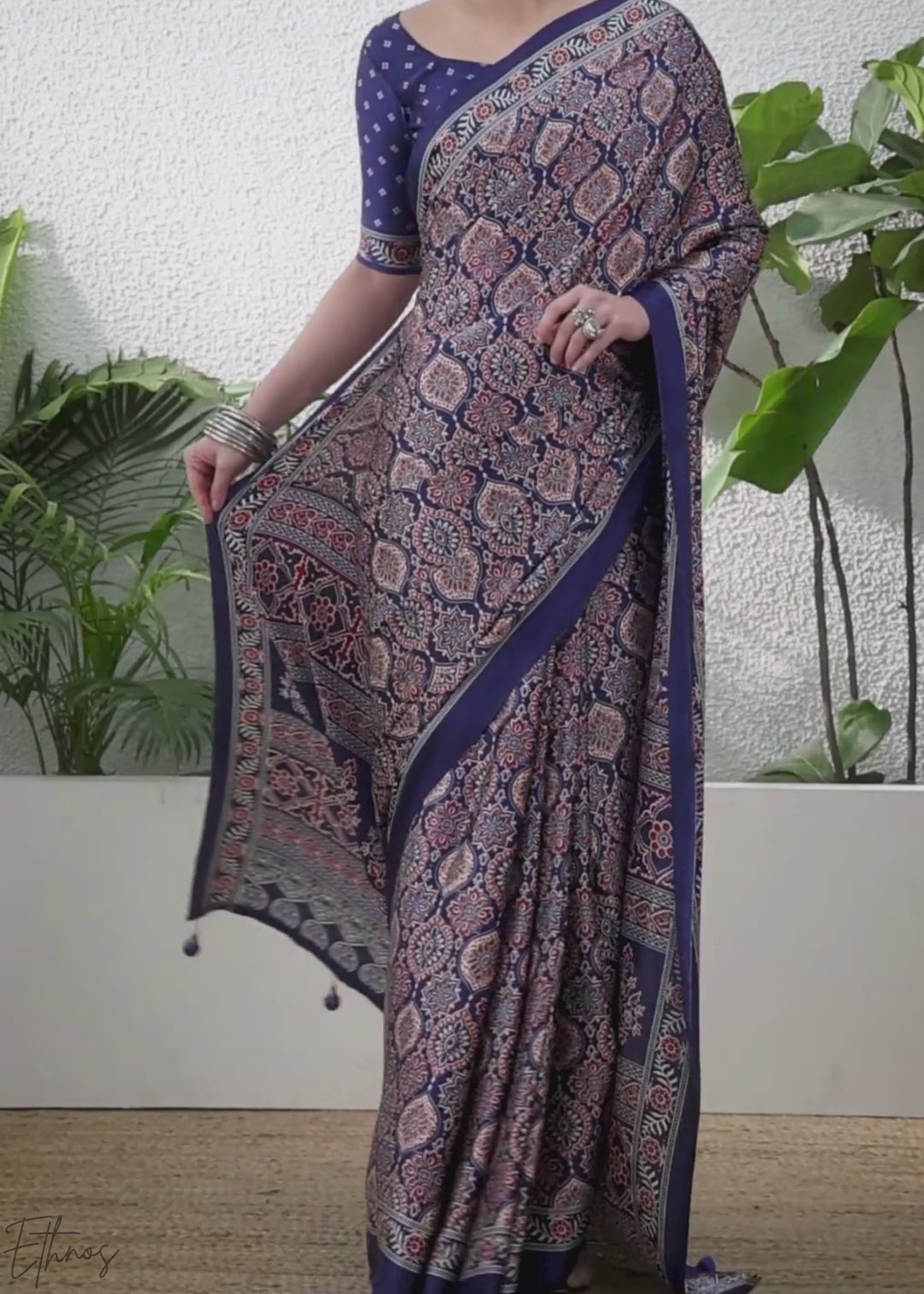Blue Topaz Ajrakh Print Modal Silk Saree