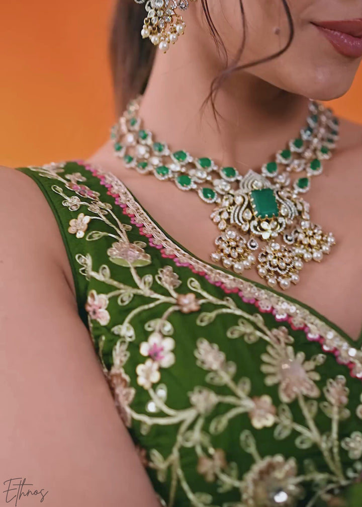 Olive Green Floral Zari Embroidered Georgette Lehenga Choli