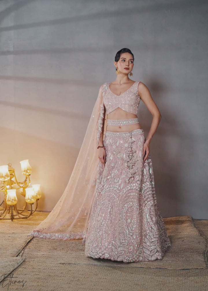 Desert Rose Gilded Bouquet Net Lehenga