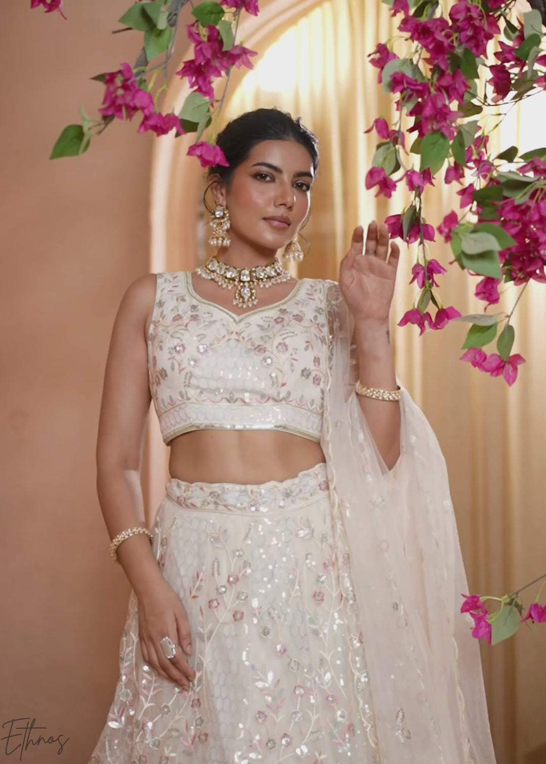 Cream Pink Pastel Floral Sequins Embroidered Net Lehenga Choli