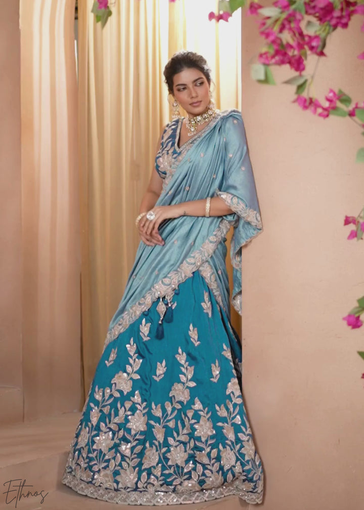 Teal Blue Floral Gota Embroidered Silk Lehenga Choli