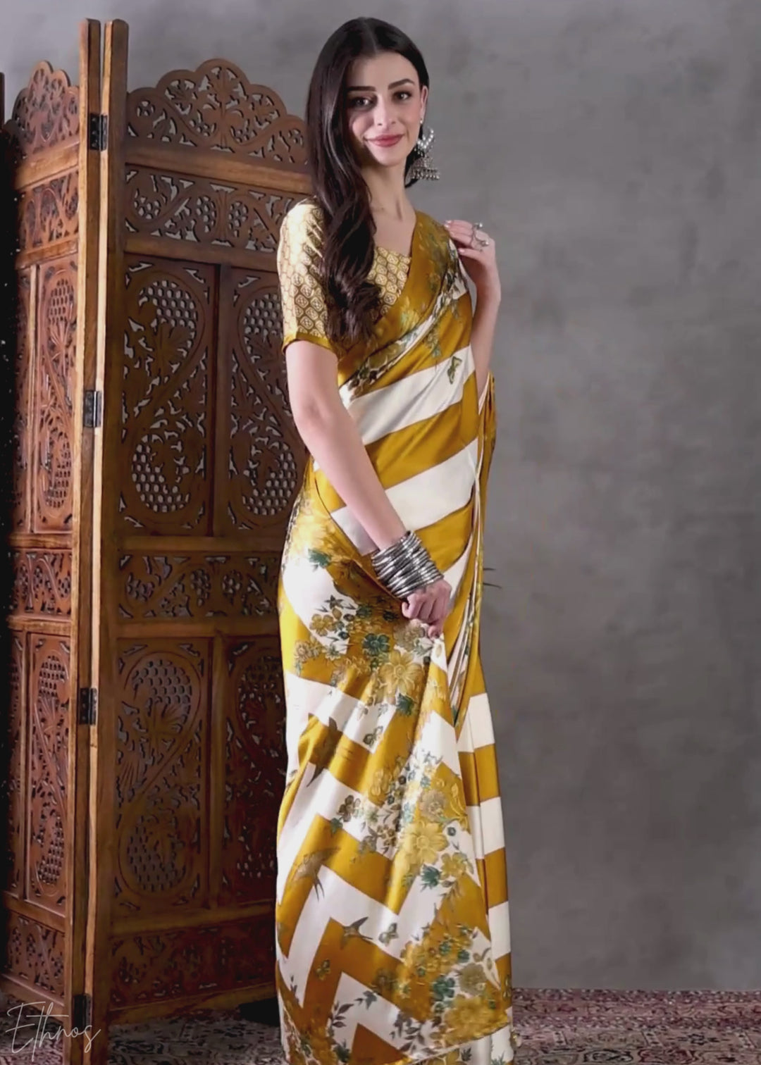 Golden Yellow Floral Striped Modal Silk Saree