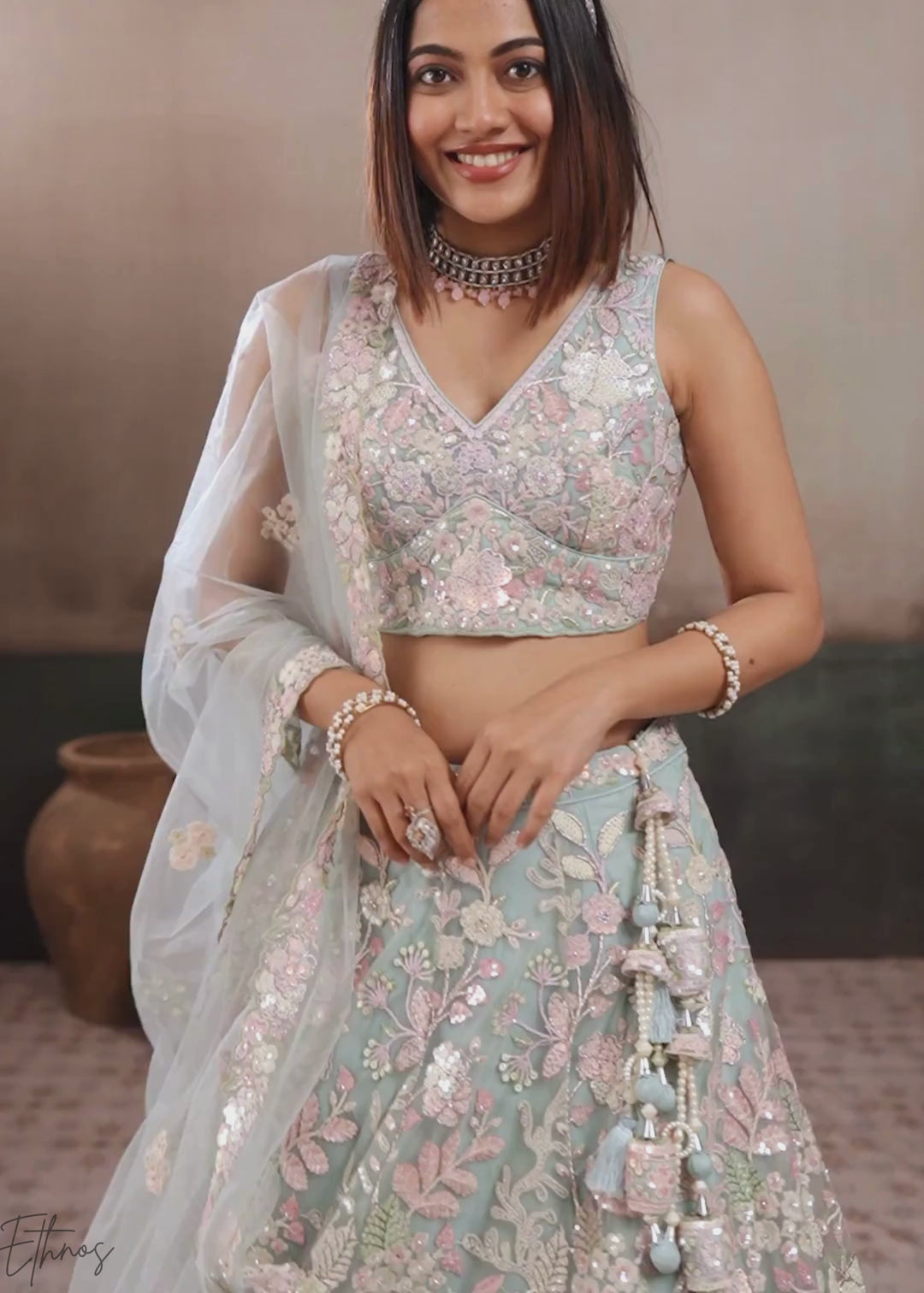 Turquoise Pastel Floral Embroidered Net Lehenga