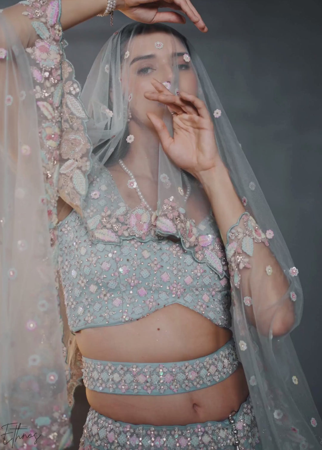 Glacier Mint Gilded Bouquet Net Lehenga