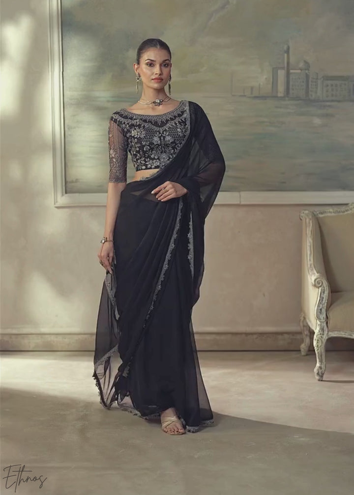 Jet Black Ruffle Border Chiffon Saree