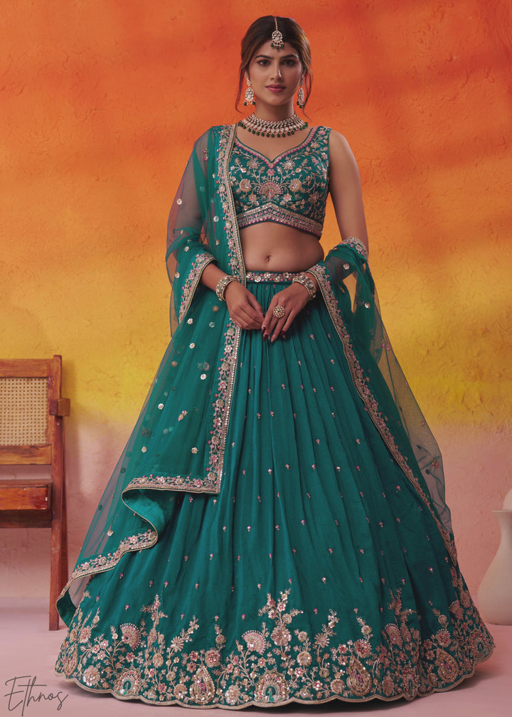 Teal Blue Floral Zari Embroidered Georgette Lehenga Choli