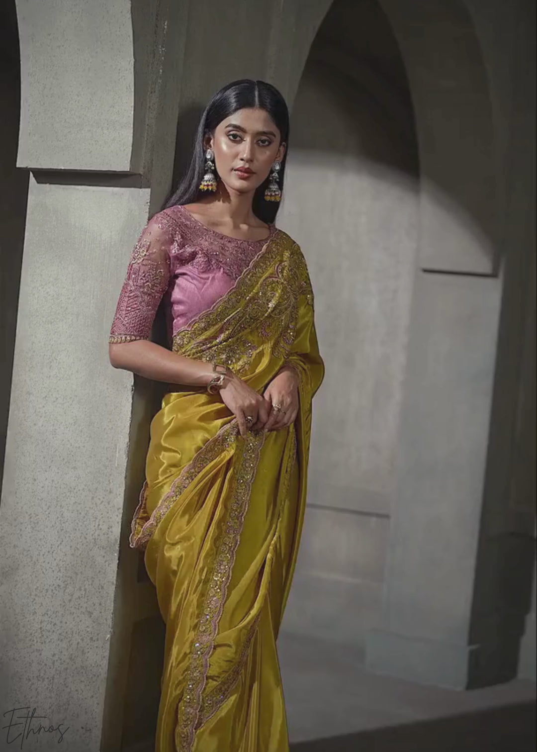 Mustard Yellow Swirl Floral Embroidered Crepe Silk Saree