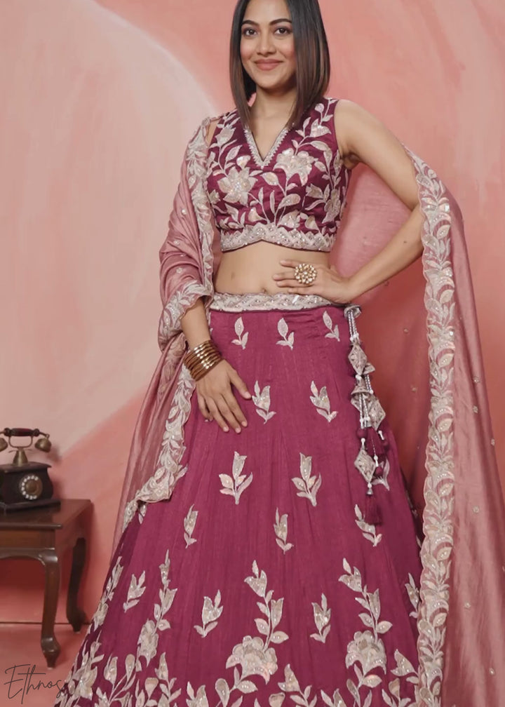 Magenta Plum Floral Gota Embroidered Silk Lehenga Choli