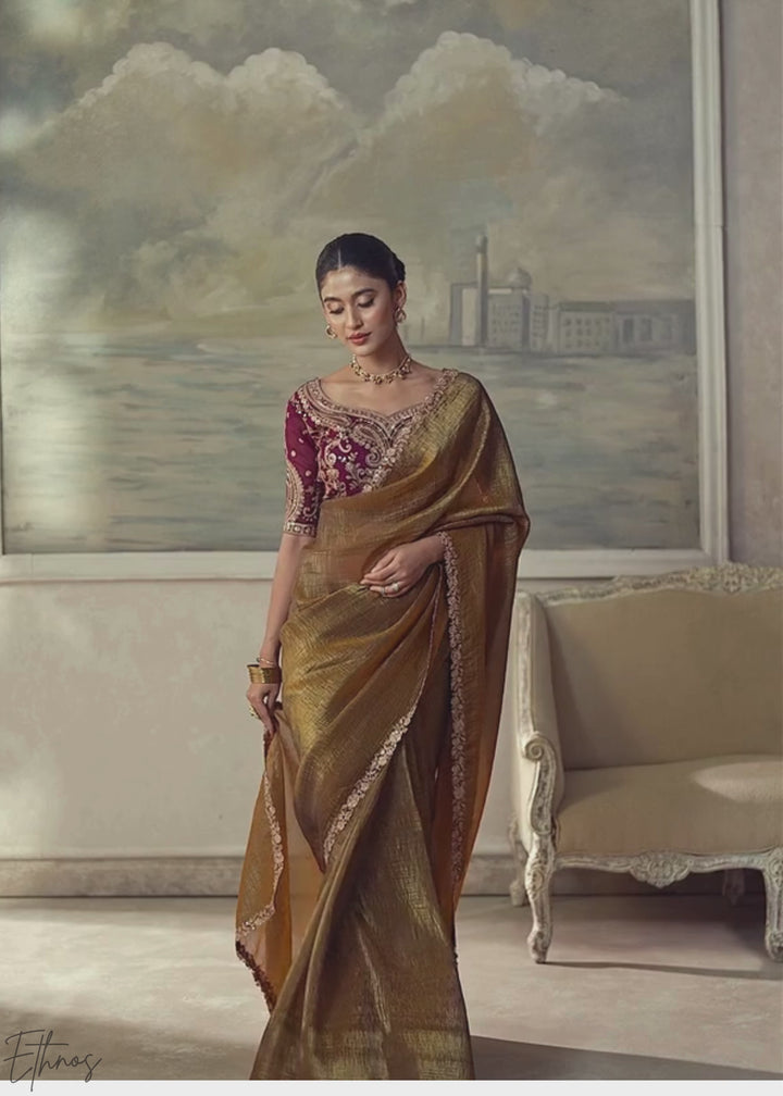 Coffee Brown Ruffle Border Georgette Saree