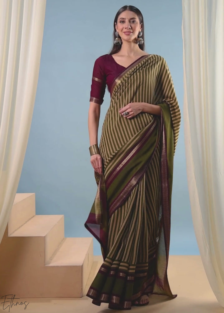 Bronzite Striped Ajrakh PV Cotton Saree