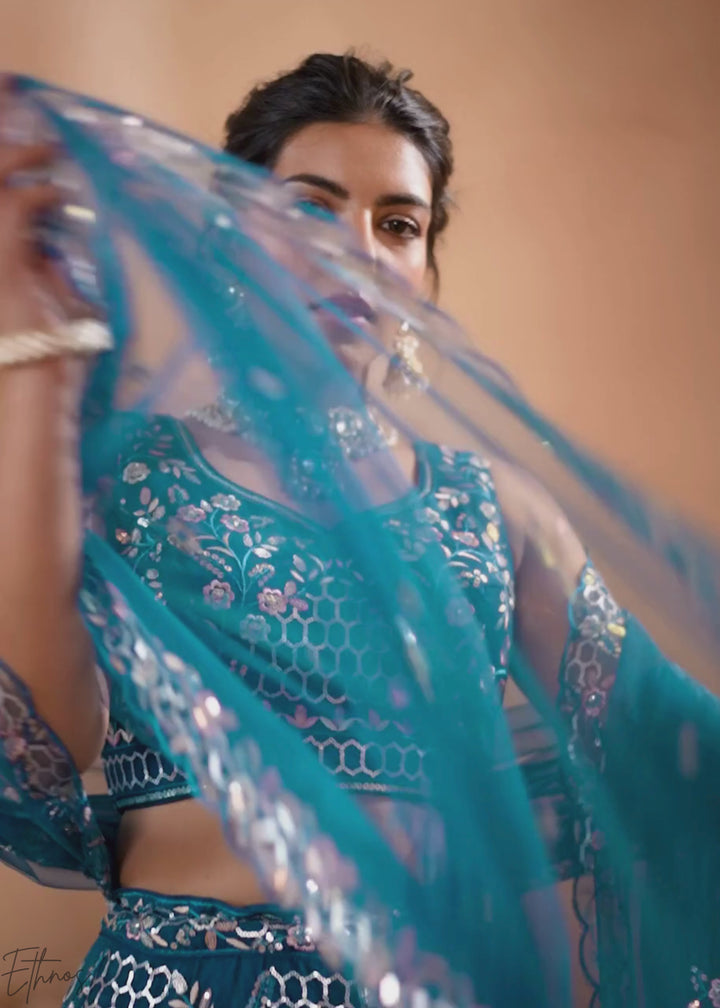 Navy Blue Pastel Floral Sequins Embroidered Net Lehenga Choli