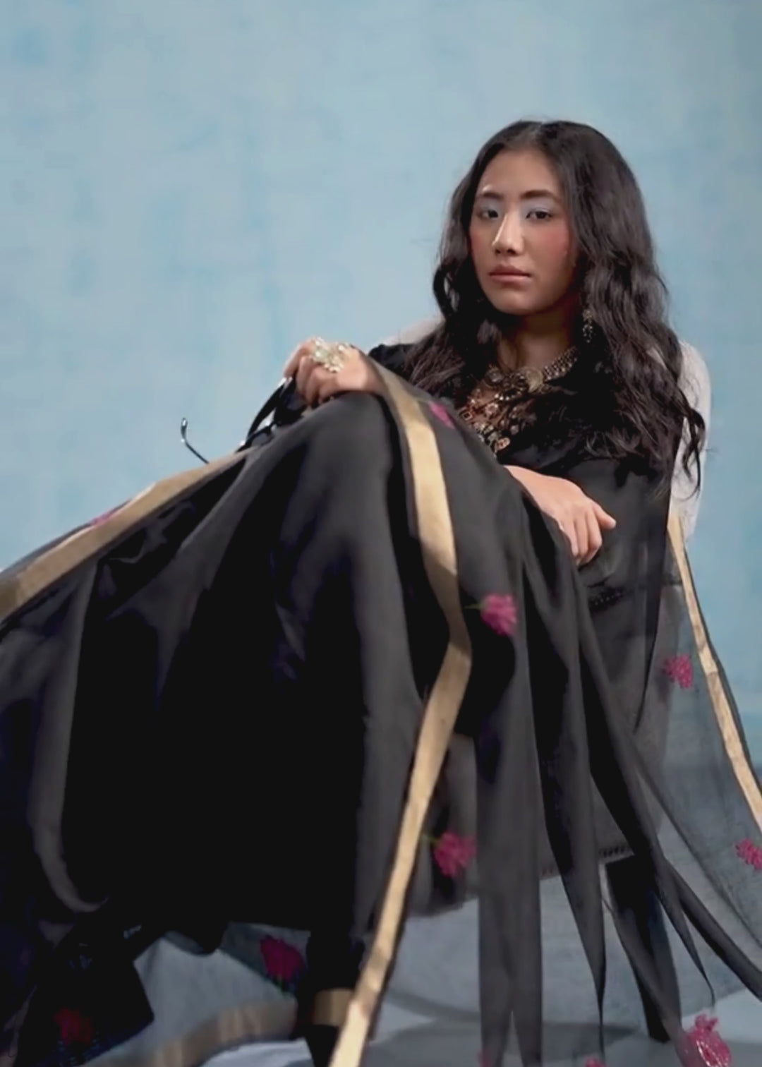 Obsidian Black Rose Jamdani Munga Cotton Saree