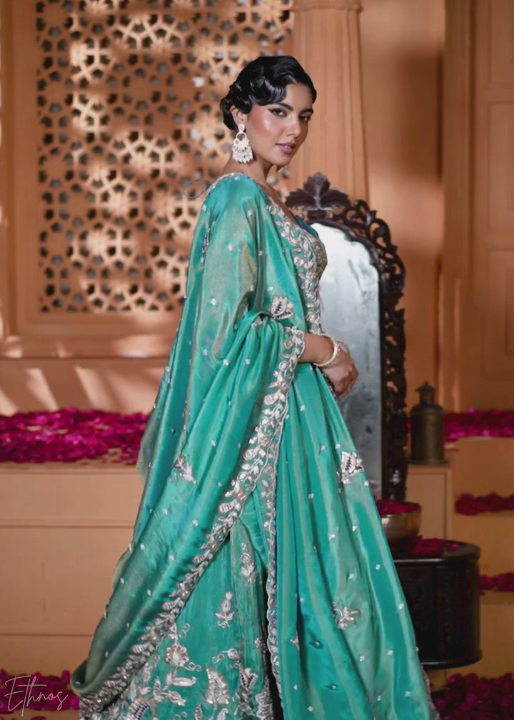 Teal Green Floral Zari Embroidered Tissue Lehenga Choli