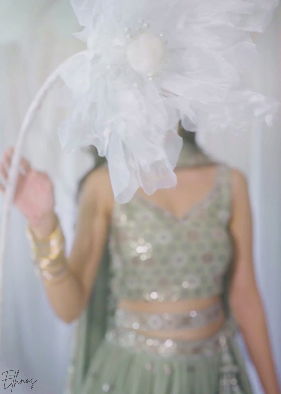 Desert Sage Whispering Vine Poly Georgette Lehenga