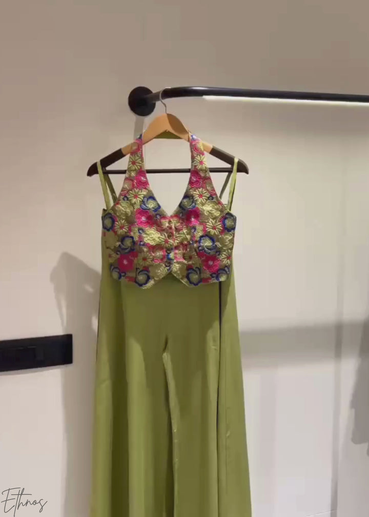 Pistachio Silk Botanical Wave Palazzo Set