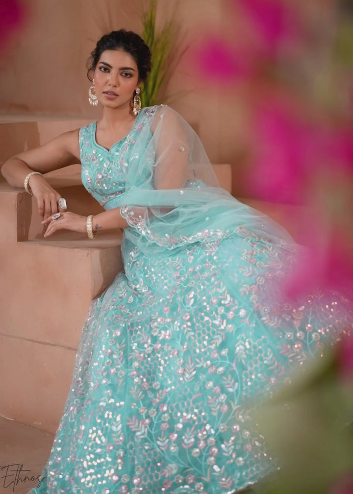 Sea Green Pastel Floral Sequins Embroidered Net Lehenga Choli