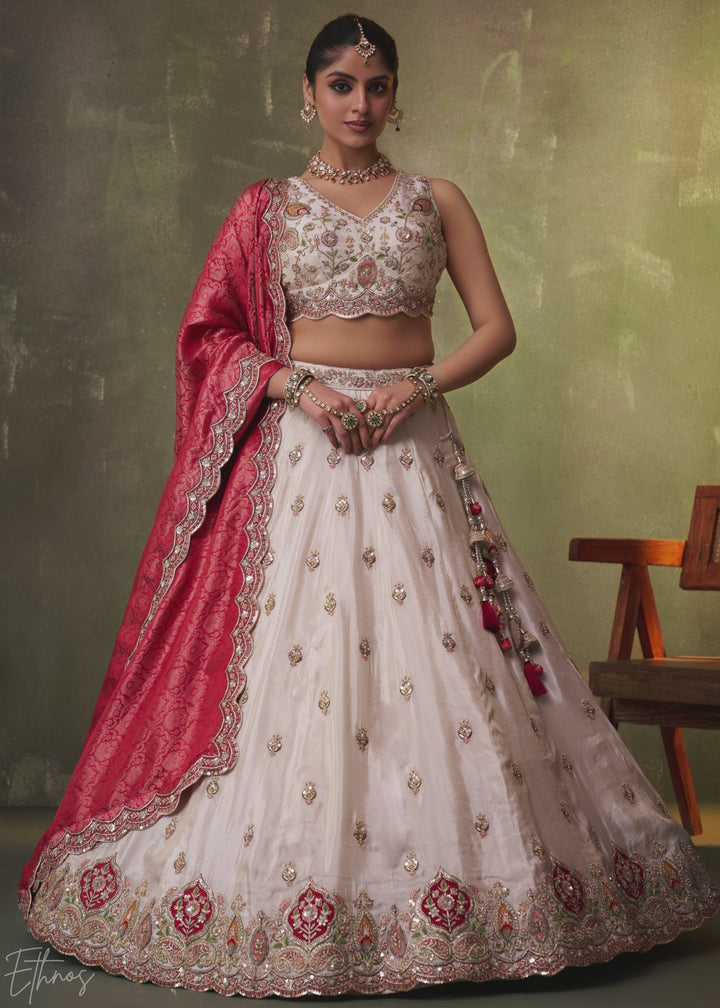 Ivory and Red Floral Sequins Tissue Lehenga Choli