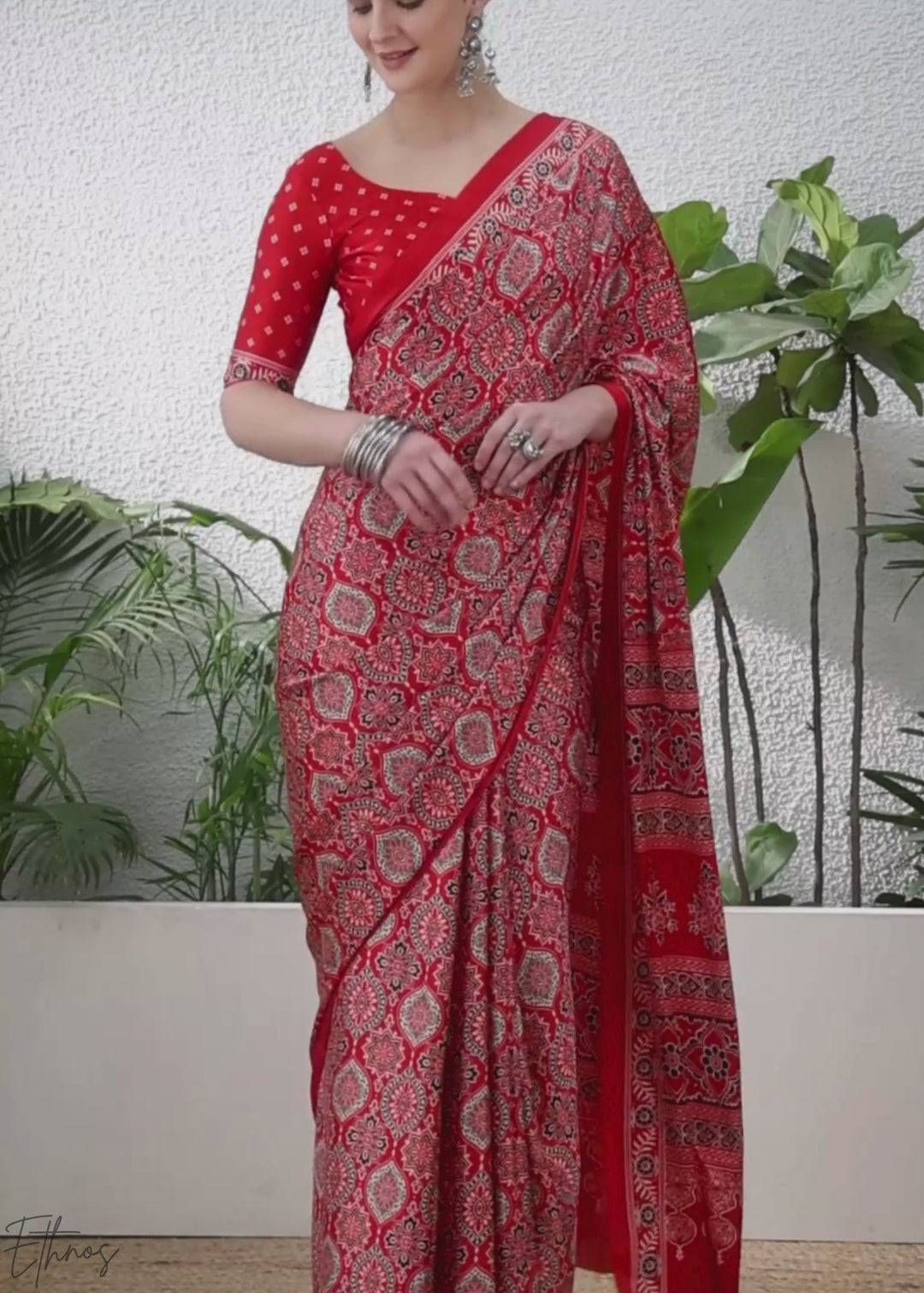 Hot Pink Ajrakh Print Modal Silk Saree