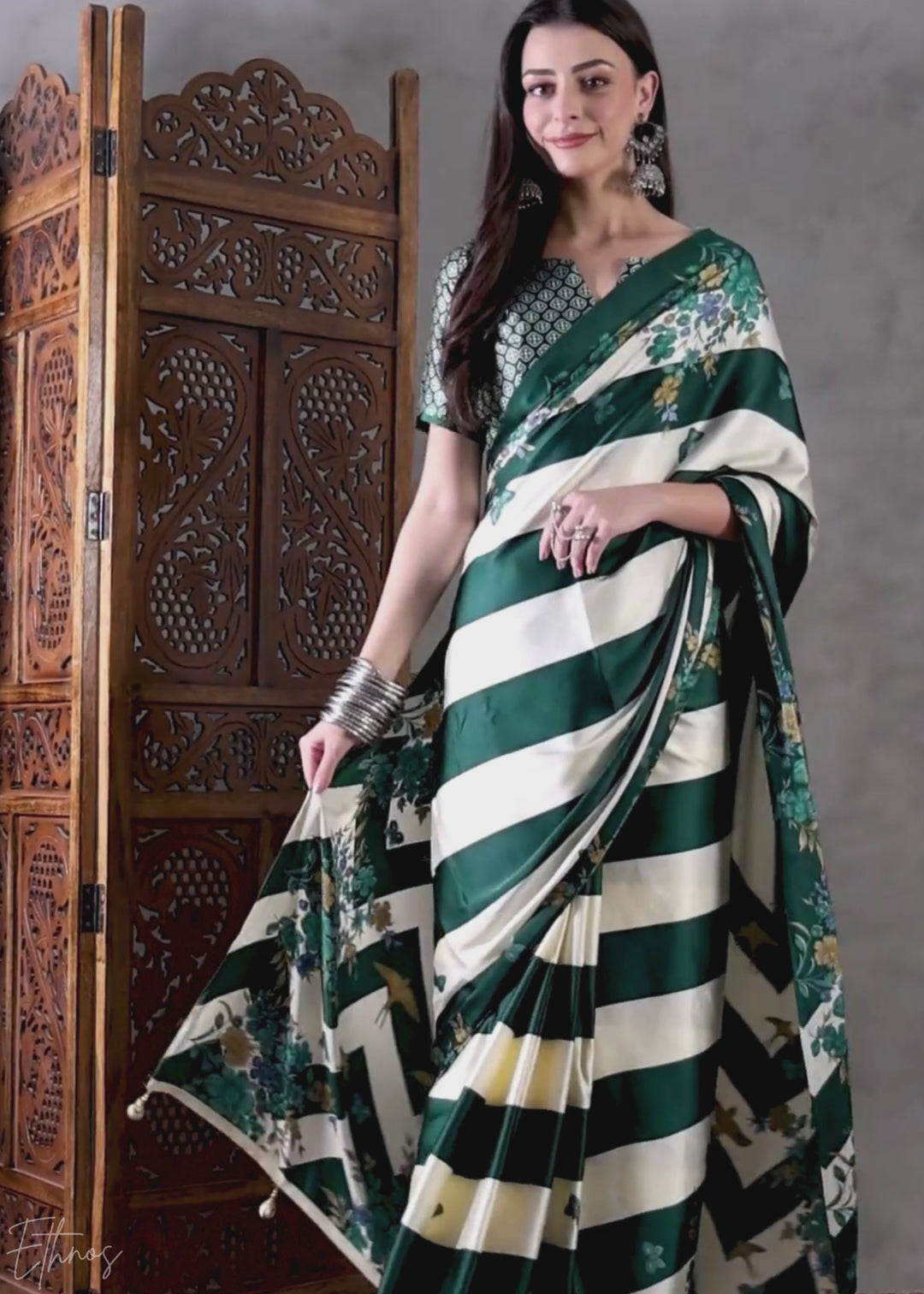 Deep Green Floral Striped Modal Silk Saree
