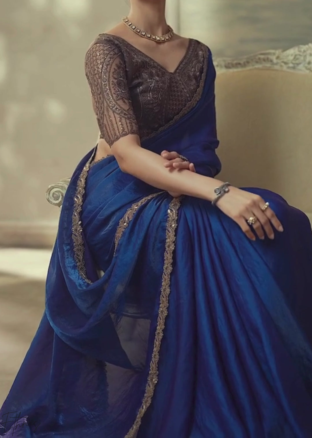 Royal Blue Ruffle Border Satin Silk Saree