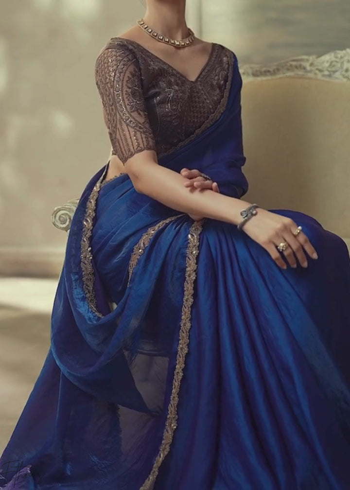 Royal Blue Ruffle Border Satin Silk Saree