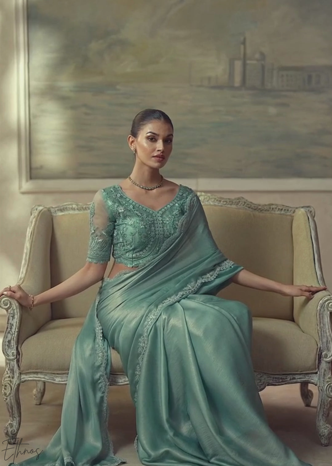 Mint Green Ruffle Border Chiffon Saree